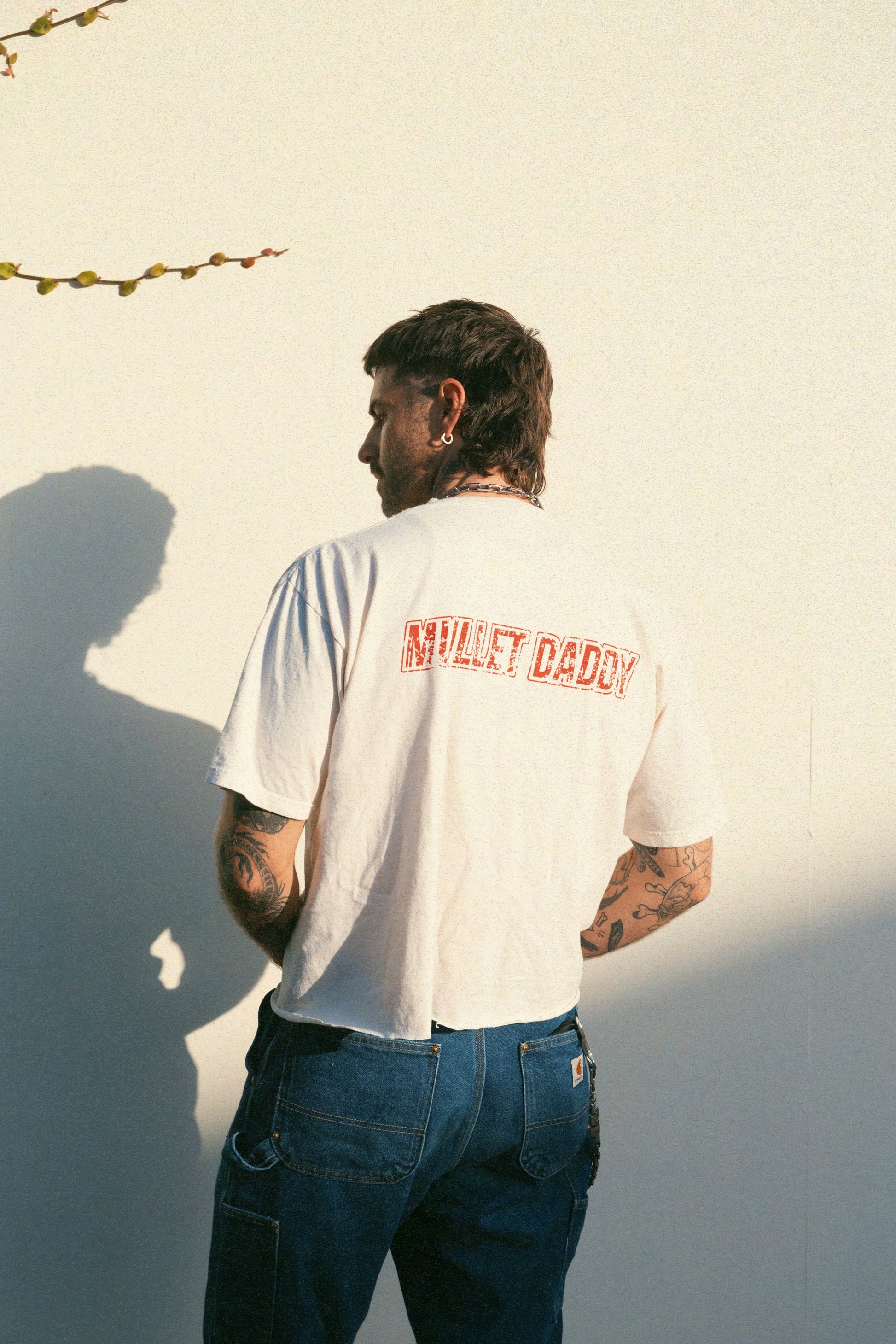 Mullet Daddy T-Shirt by My Darlene — white heavyweight oversized tee with distressed red Mullet Daddy graphic on back and My Darlene script on sleeve